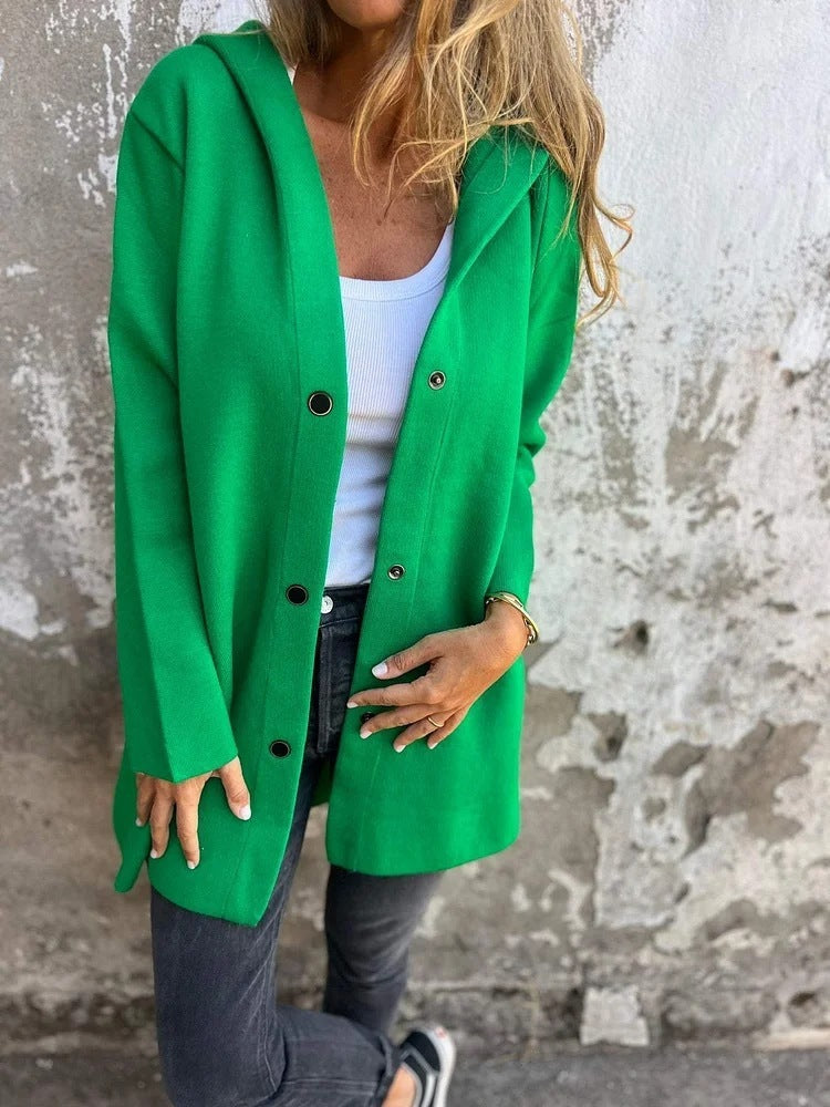 Linda – Lättvikts Huva Enkelt Knäppt Cardigan Fashion Lös Enfärgad Jacka Vår och Höst Damkläder