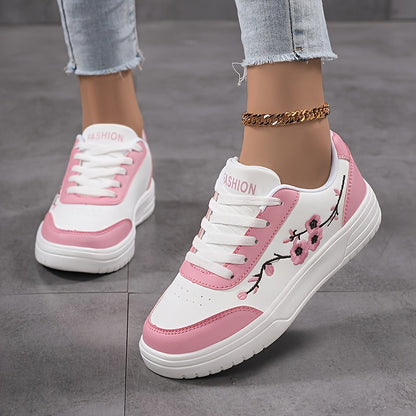 Dam Sneakers Elegant Stil Vardagsskor med Broderade Blommor och Snörning
