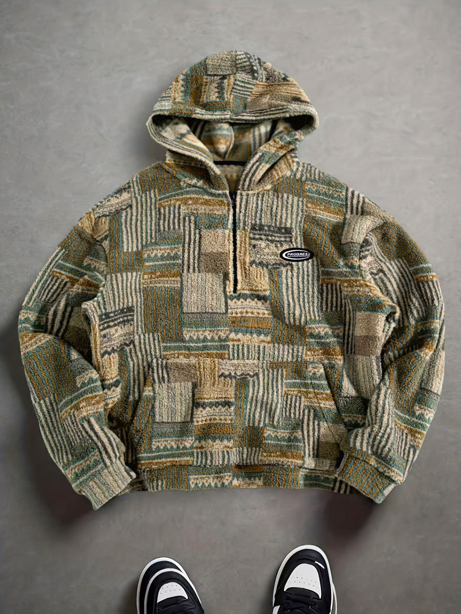 Hoodie med lapptäcksmönster och dragkedja i mjukt material