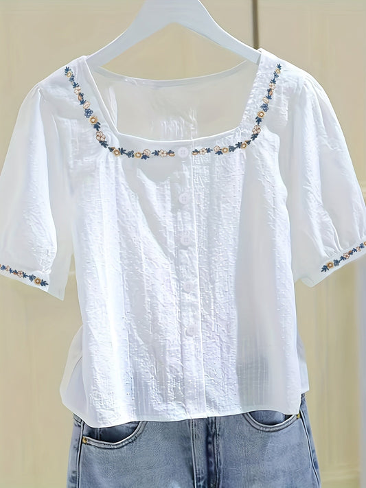 Dam Elegant Blus med Broderade Blommor och Fyrkantig Hals – Vår/Sommar Top