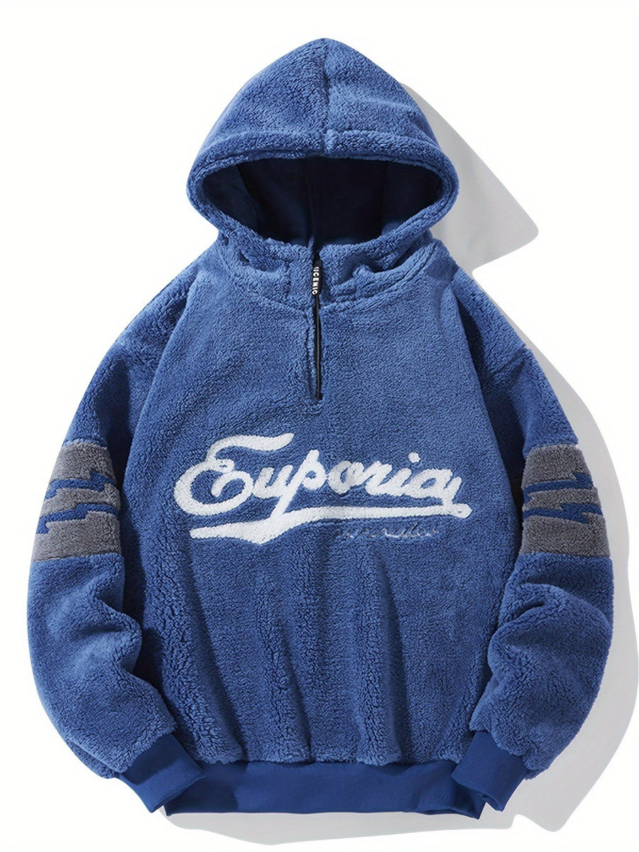 Fleecehuvtröja med halv dragkedja och broderad text, sportig design