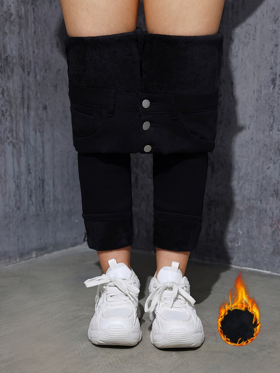 Svarta Damjeans med Hög Midja och Knappar, Fodrade