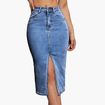 Dam Kjol Midi Slits Casual Denim Look Perfekt för Vardag och Sommar