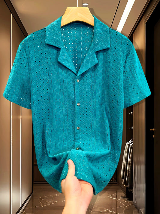 Herr Skjorta Kortärmad Modern Skjortjacka Med Broderat Mönster För Sommar och Semester