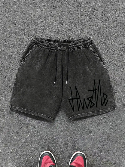 Herrshorts Streetwear med Hustle-tryck, avslappnad stil för vardagsbruk