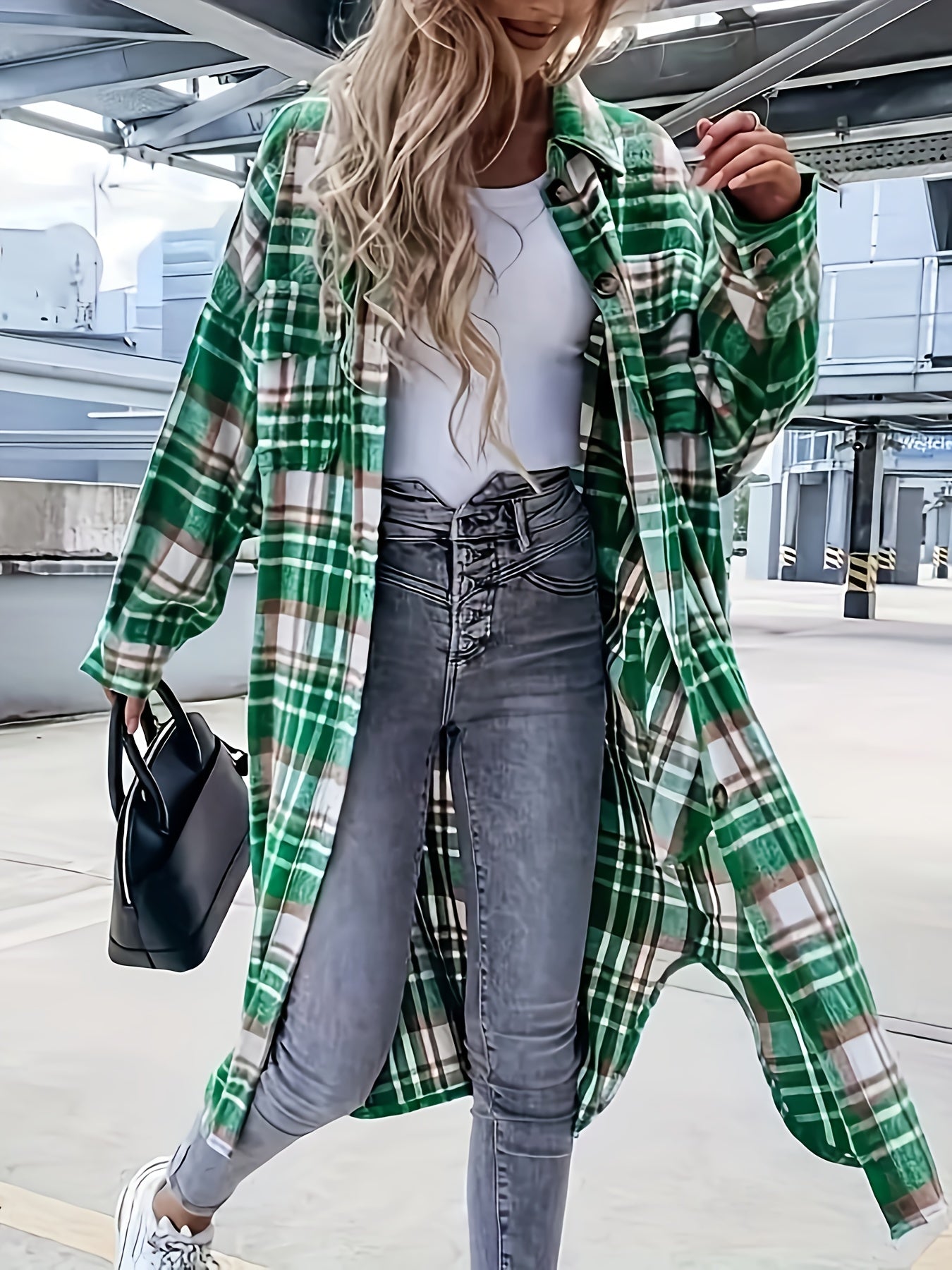 Dam Skjortjacka Lång Oversize Rutig Casual Vår/Höst