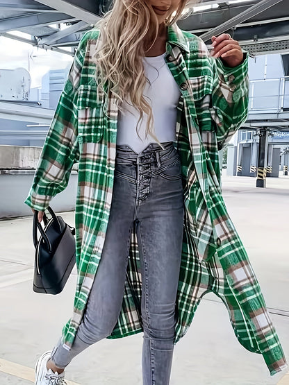 Dam Skjortjacka Lång Oversize Rutig Casual Vår/Höst