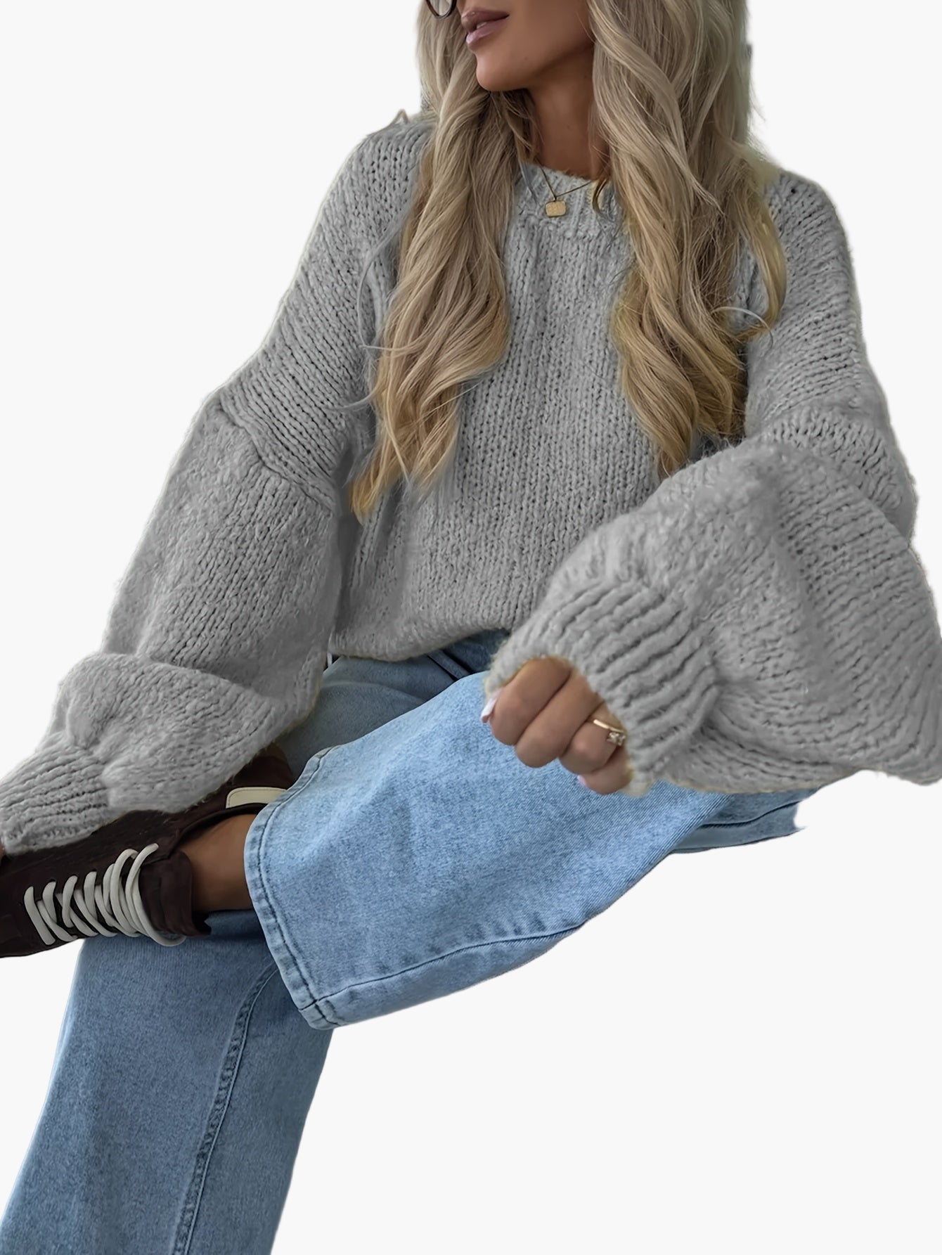 Damstickad oversized tröja med ballongärmar för höst och vinter, avslappnad stil