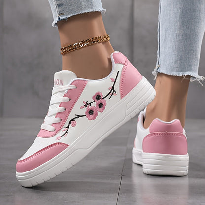 Dam Sneakers Elegant Stil Vardagsskor med Broderade Blommor och Snörning