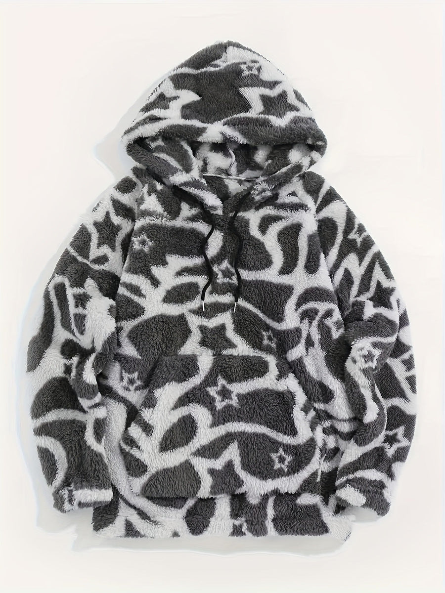 Unisex mysig hoodie med mönster och luva, känguruficka