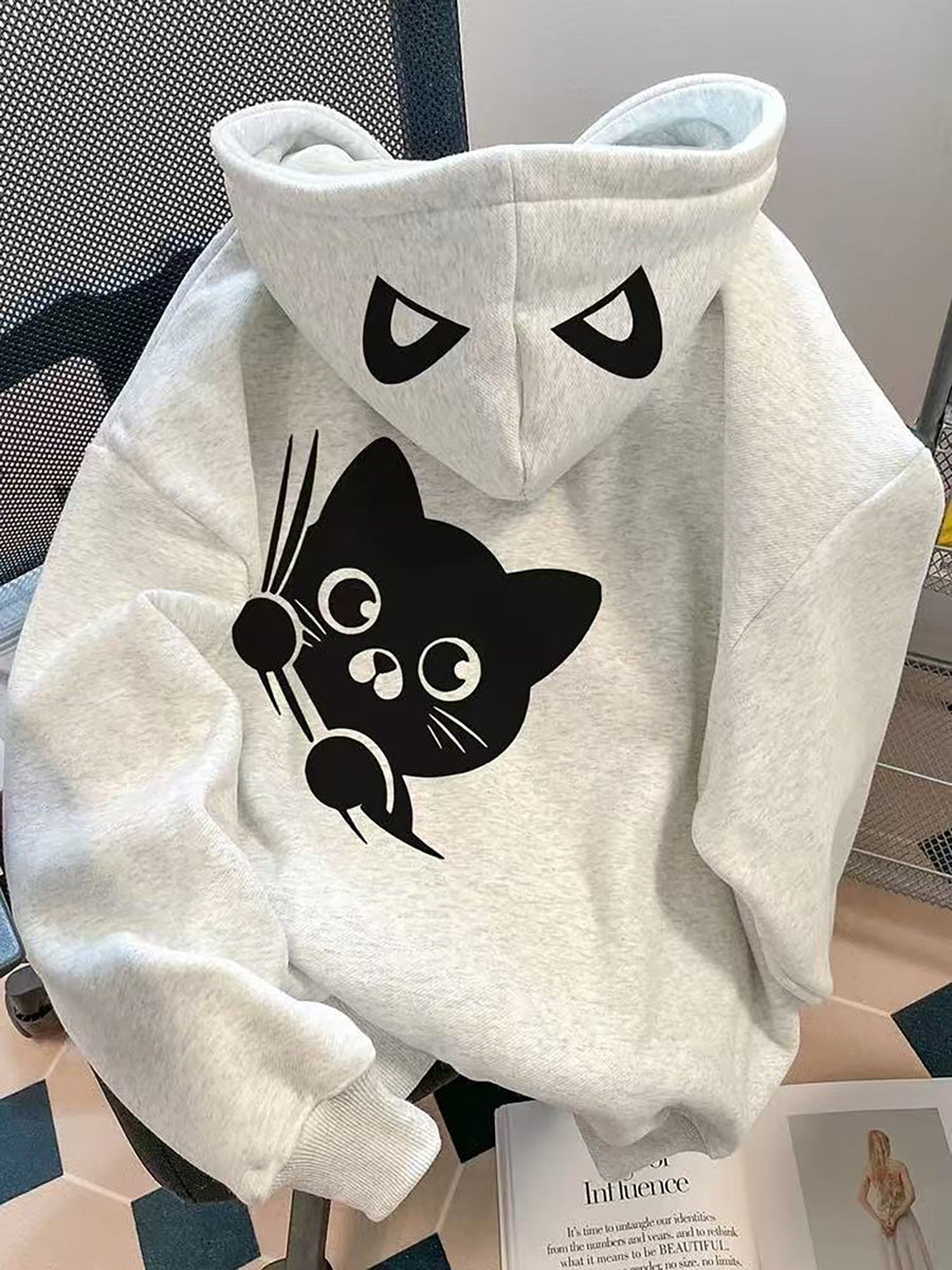 Ljusgrå hoodie med kattmotiv och kattögon på huvan, avslappnad passform