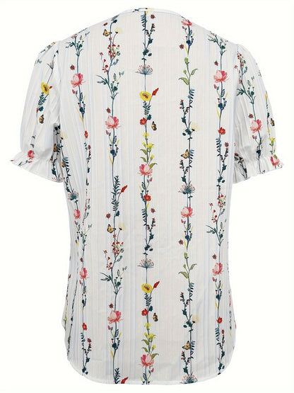 Dam Blus Elegant Somrig V-ringad Blommig Kortärmad Weekend Casual