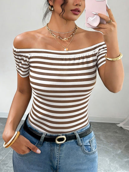Dam Off-Shoulder Randig Topp – Elegant Bardot Stil för Vardag och Fest