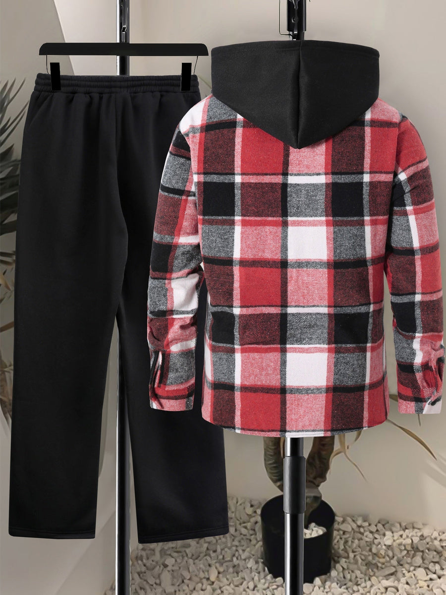 Rutig Hoodietröja med Skjortkrage och Byxor, Herrset med Långärmad Tröja och Sweatpants