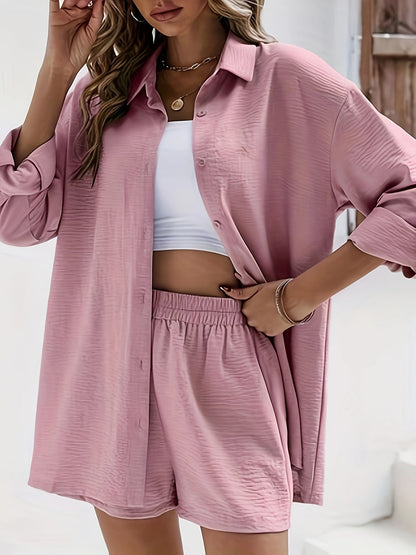 Damset Lounge – Avslappnad Skjorta & Shorts, Trendig Vardagsstil