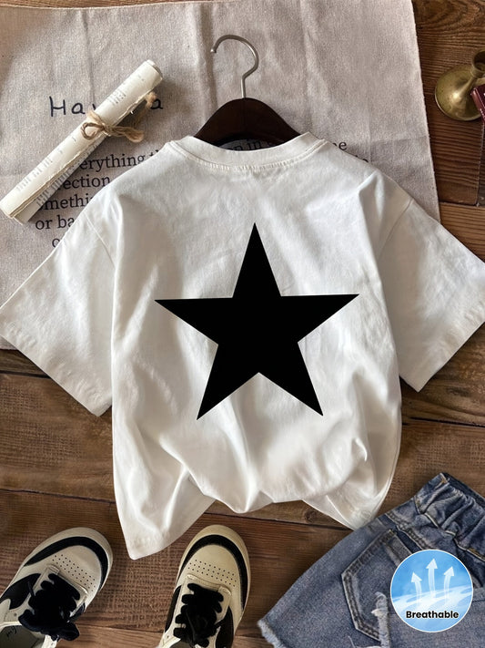 Dam T-shirt med Stor Stjärntryck, Sportig och Trendig för Vår/Sommar