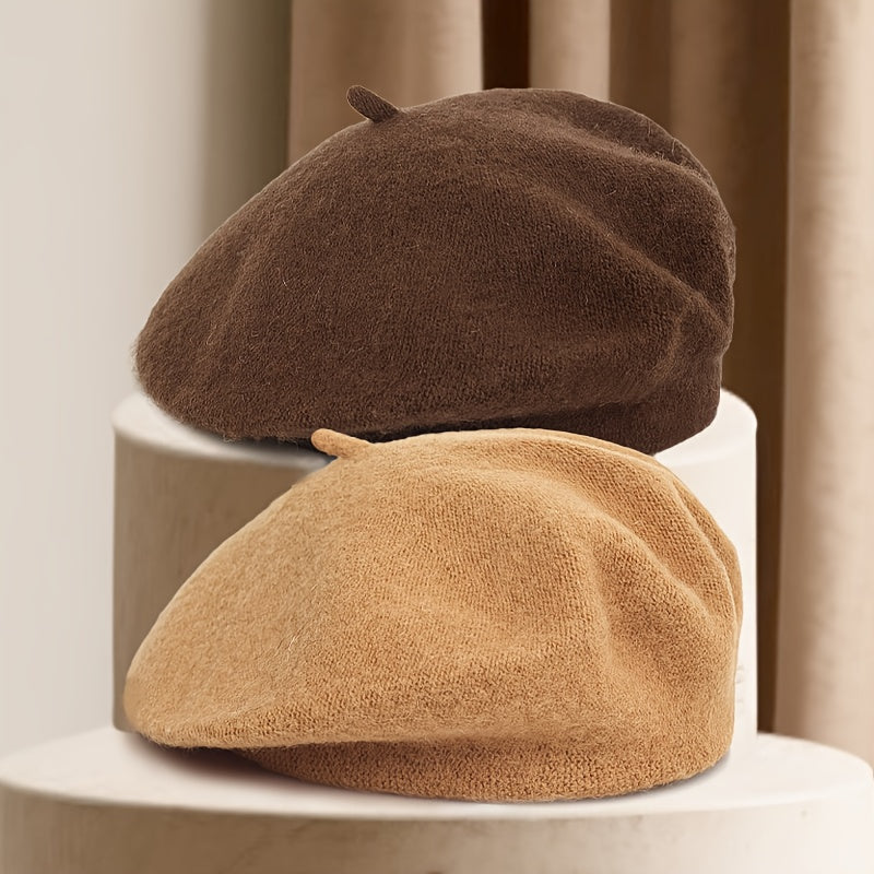 Unisex Beret Mössa - Stickad Basker med Liten Knopp