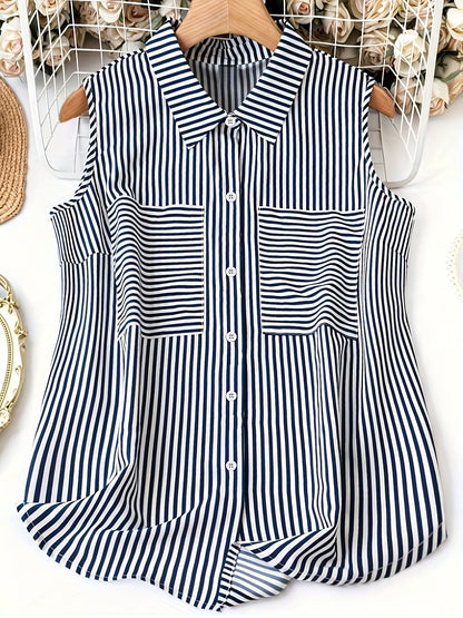 Dam Ärmlös Randig Skjortblus Elegant Sommar Kontorsstil