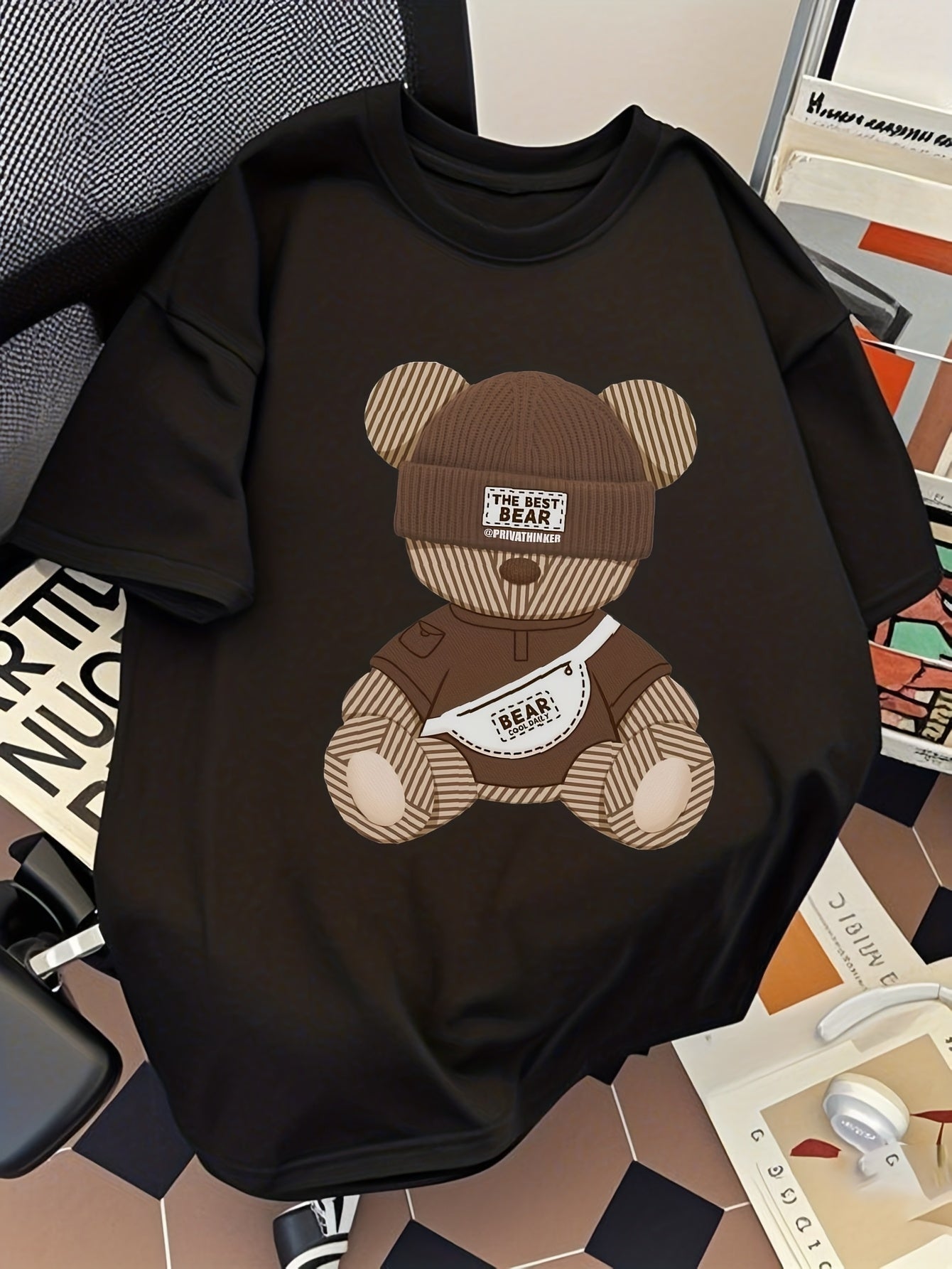 Herr T-shirt Streetwear med Tryck – Trendig Björn Urban Stil Kortärmad Top