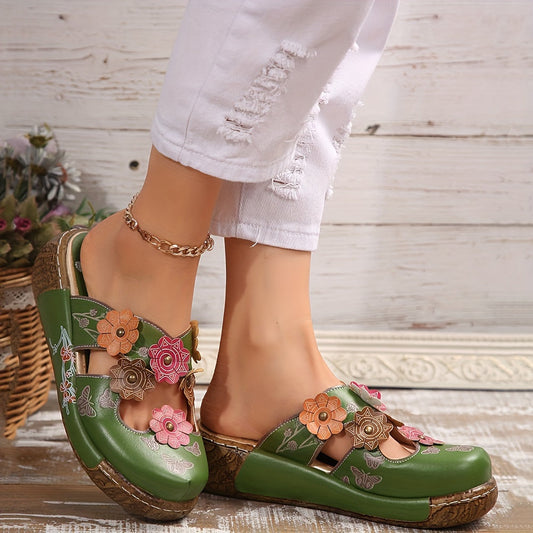 Damskor kilklack slip-in bohemisk vardagsstil med blommor och fjärilar