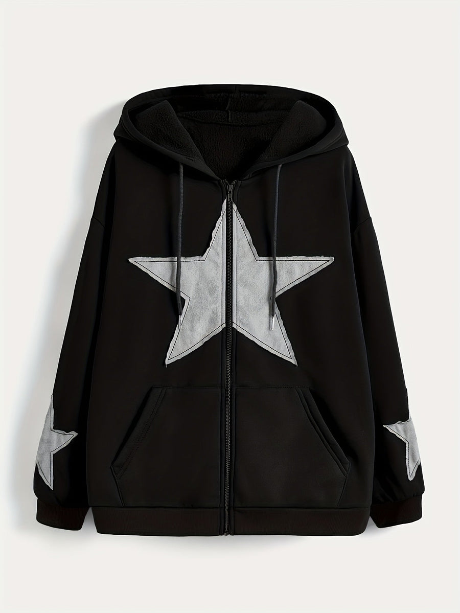 Brun Zip-up Hoodie med Huva och Stjärnmotiv – Rymlig Passform