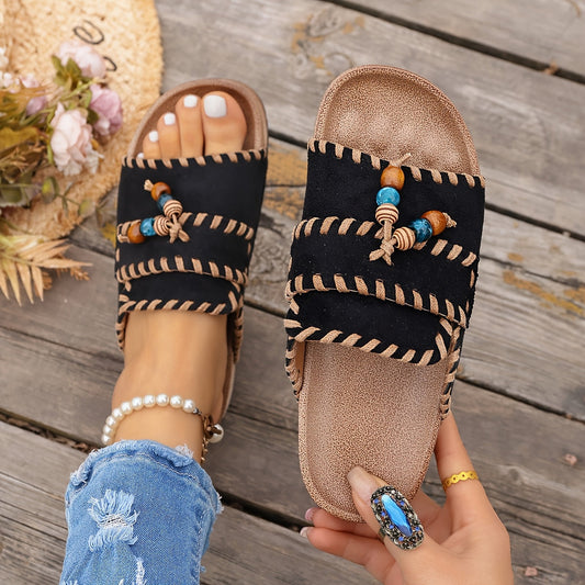 Dam Sandaler Bohemisk Slip-in Sommarsko med Dekorativa Pärlor och Avslappnad Stil