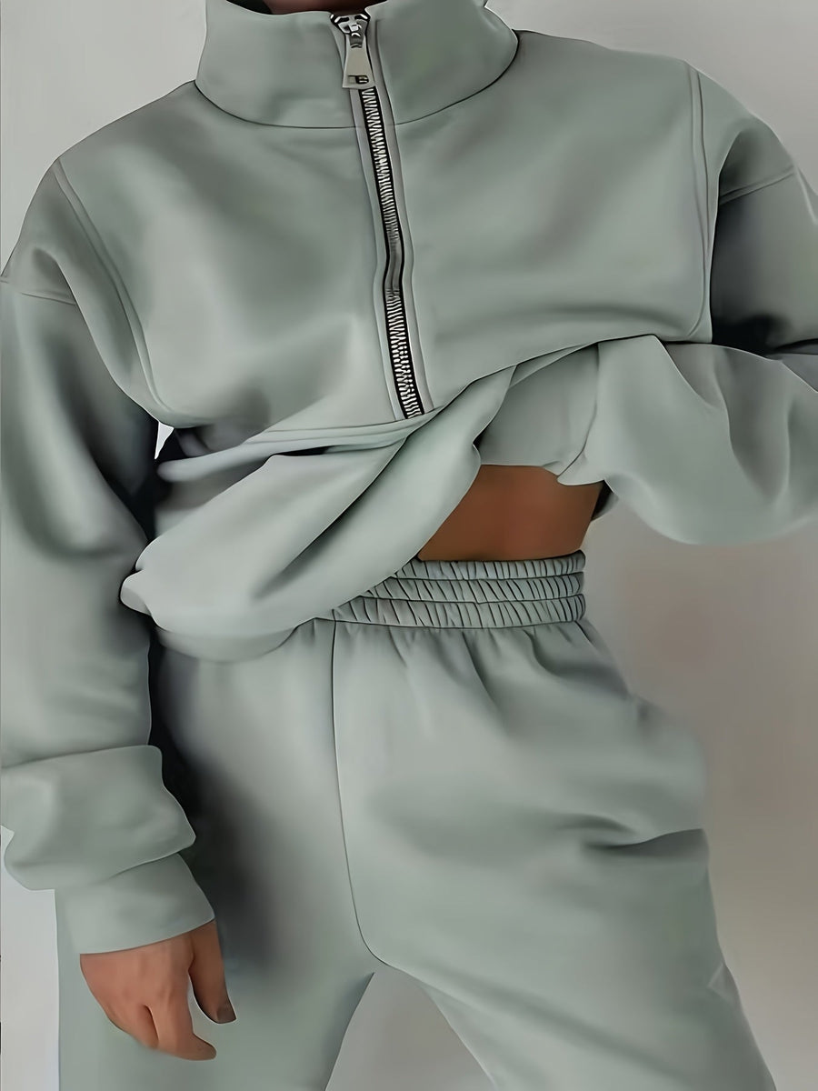 Damsweatshirt med halv dragkedja och hög krage, Salviagrön