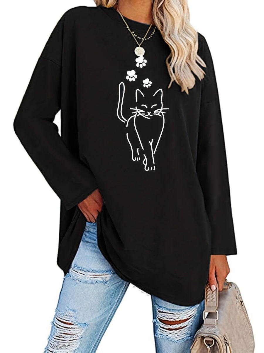 Svart långärmad tröja med kattmotiv och tassavtryck, oversized passform