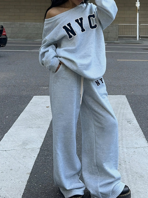 Grå Långärmad Tröja och Byxor med Löst Sittande Passform "NYC" Tryck
