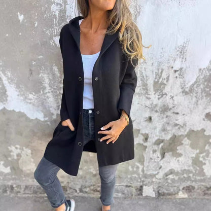 Linda – Lättvikts Huva Enkelt Knäppt Cardigan Fashion Lös Enfärgad Jacka Vår och Höst Damkläder