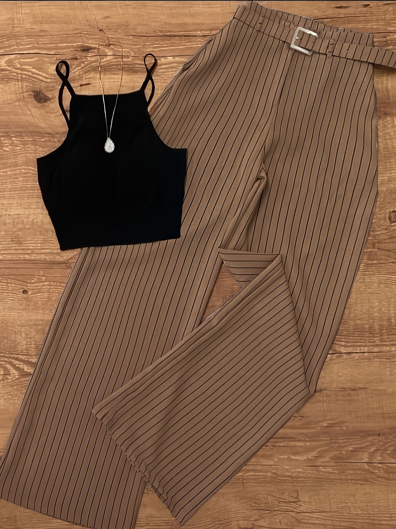 Dam Set: Elegant Randigt Byxor och Crop Top för Vår/Sommar – Perfekt för Kontor och Fest