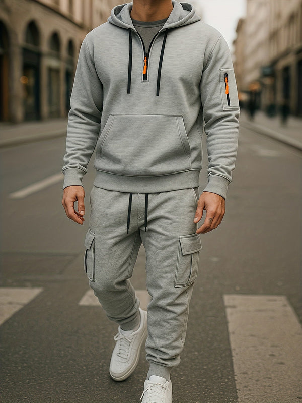 Grå herr hoodie och cargobyxa set med kvartsdragkedja och fickor