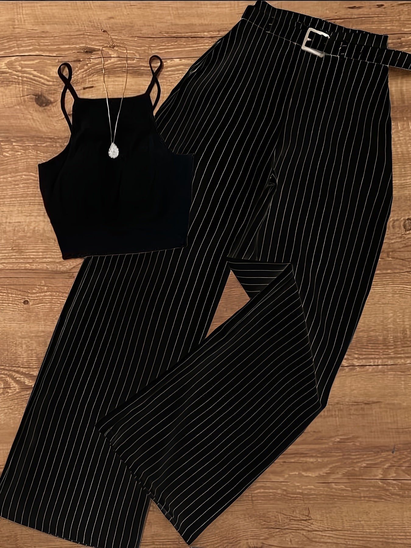 Dam Set: Elegant Randigt Byxor och Crop Top för Vår/Sommar – Perfekt för Kontor och Fest