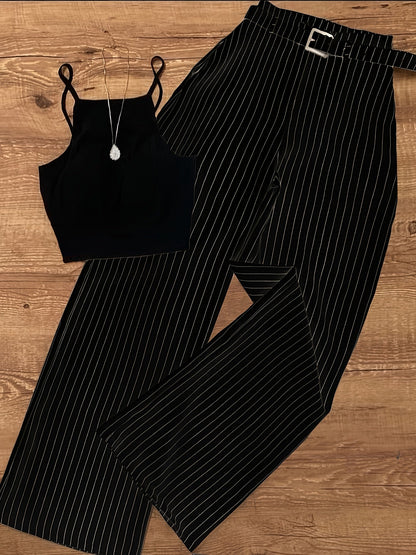 Dam Set: Elegant Randigt Byxor och Crop Top för Vår/Sommar – Perfekt för Kontor och Fest