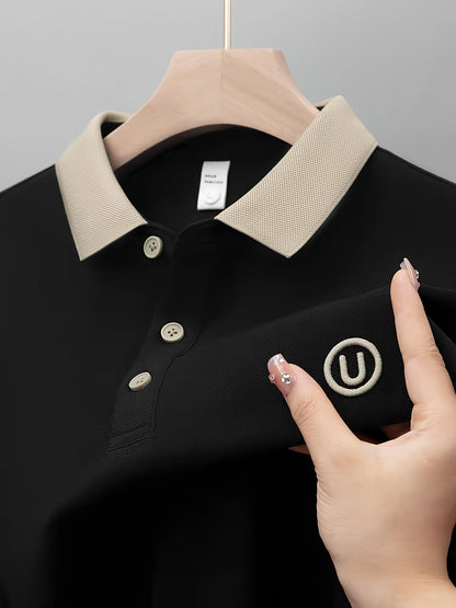 Herr Pikétröja Klassisk Casual med Kontrastkrage och Broderad Logotyp - Stilren för Vardag och Fritid
