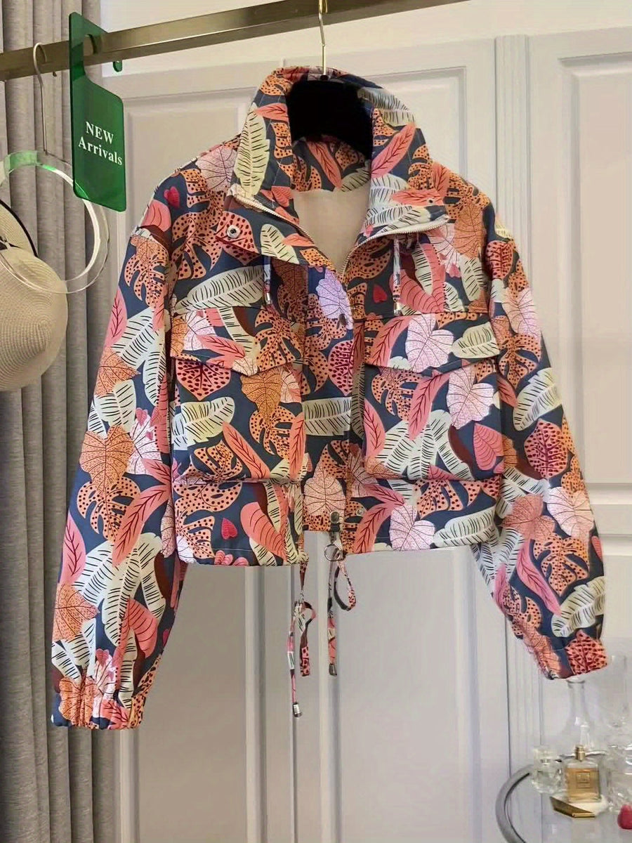 Damjacka kort modell med ståkrage och mönster, dragkedja, justerbar midja
