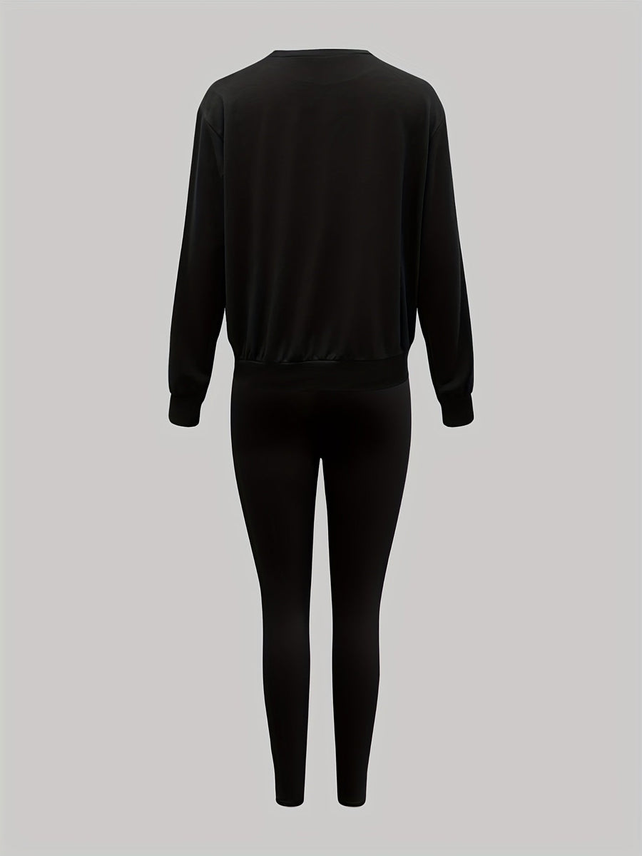 Dam Tröja & Leggings Set med New York-tryck, Rundhals, Långa Ärmar