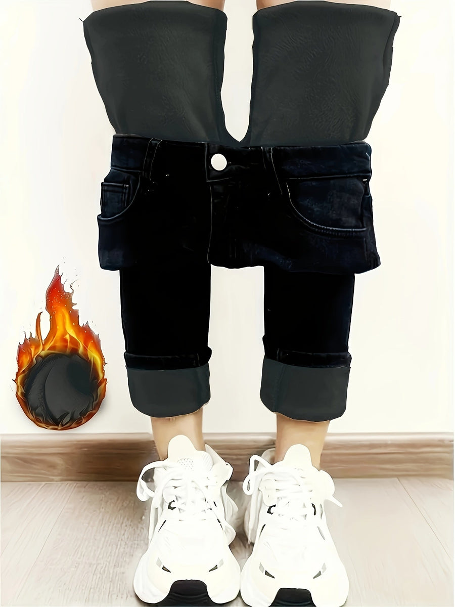 Svarta jeansleggings med foder, stretchiga termobyxor med hög midja