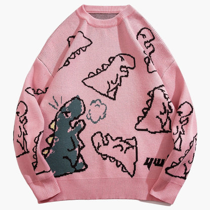 Herrtröja med tecknad dinosauriedesign, avslappnad streetwear för höst och vinter