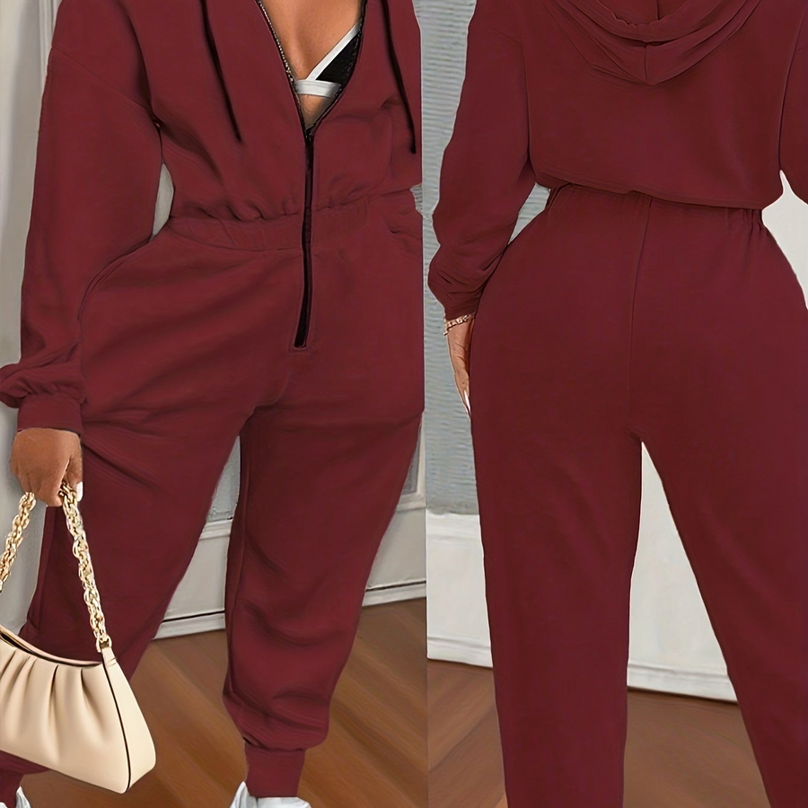 Dam jumpsuit med huva, lång dragkedja och resår i midjan - Beige