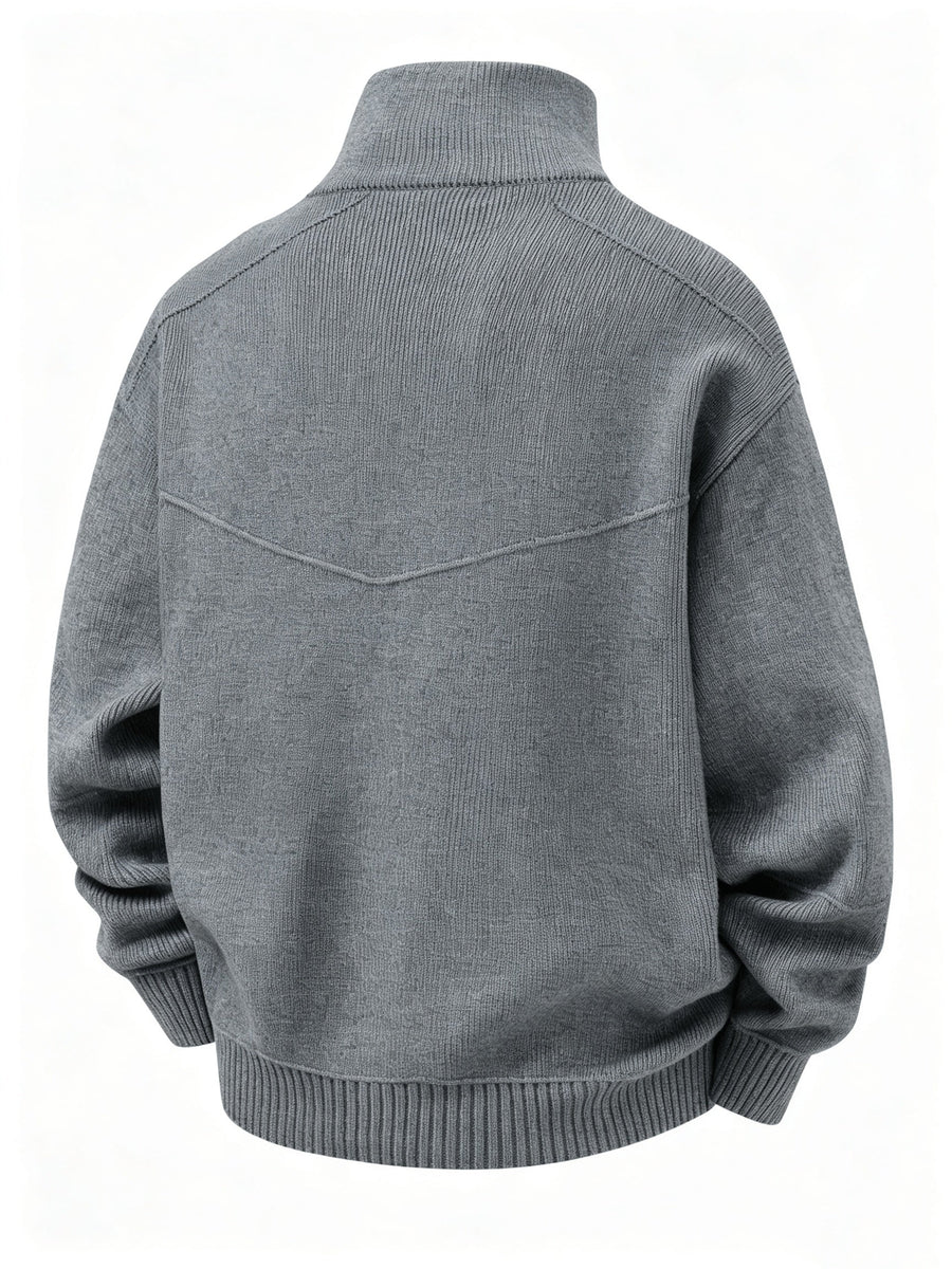 Herr kofta med dragkedja och hög krage, ribbstickade muddar, grå