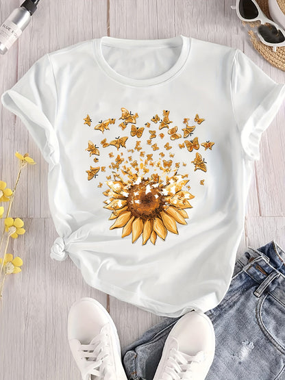 Dam T-shirt med solros och fjärilar, avslappnad stil, vår/sommar