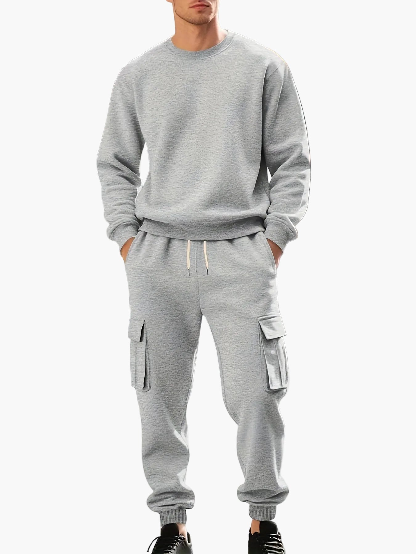 Herr Sportig Joggingdräkt Set med Cargo Byxor och Trendig Sweatshirt Fritidskläder