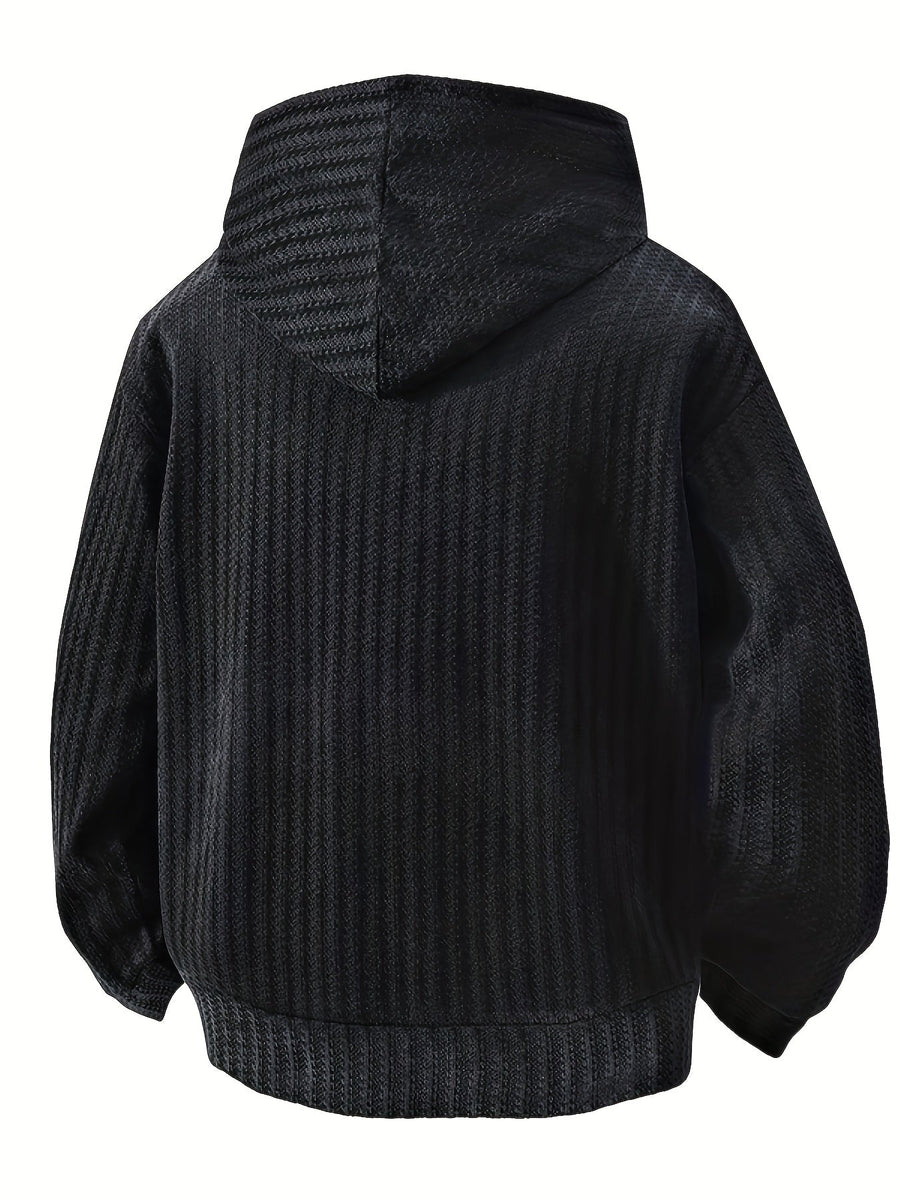 Hoodie med huva och känguruficka, ribbad textur