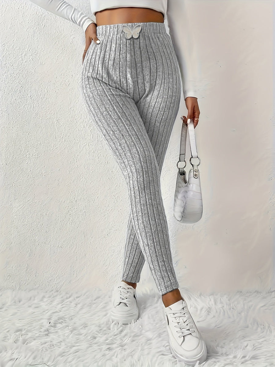 Gråa Dam Leggings med Ribbad Struktur och Fjärilsdetalj, Hög Midja