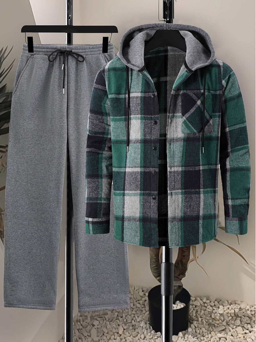 Rutig Hoodietröja med Skjortkrage och Byxor, Herrset med Långärmad Tröja och Sweatpants