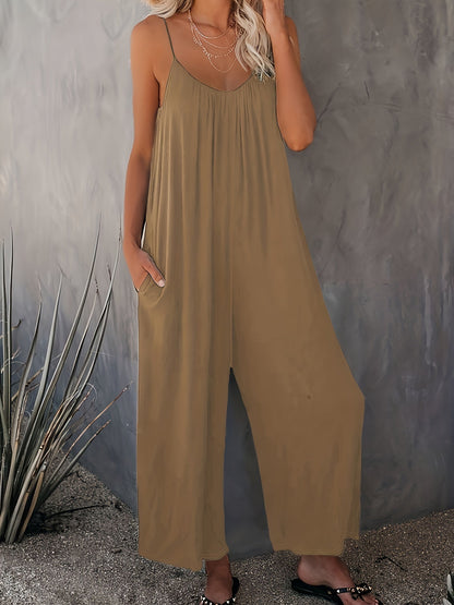 Dam Jumpsuit med Spaghettiband och Fickor – Avslappnad och Trendig Sommarstil