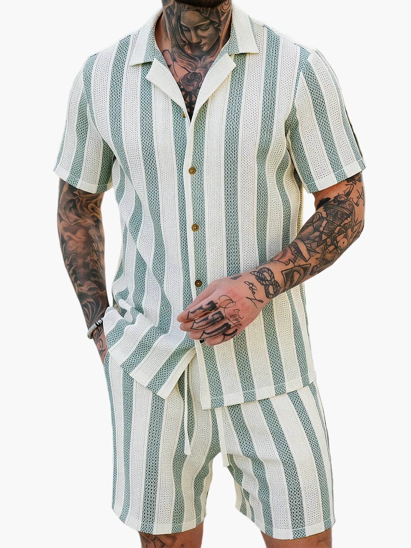 Herr Set med Kortärmad Skjorta och Shorts – Randigt, Avslappnad Sommarstil