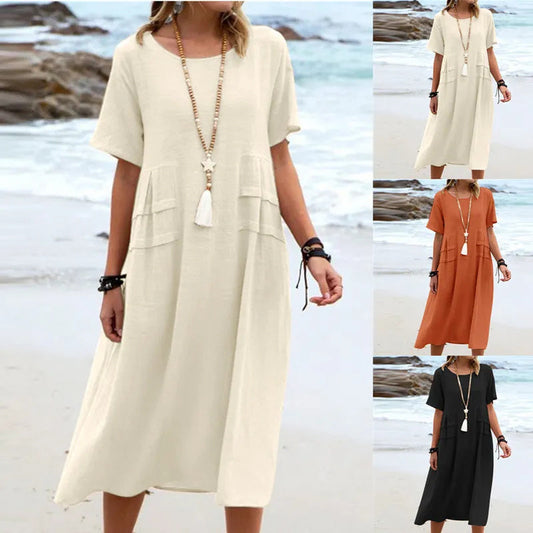 Damklänning Lös Casual Midi – Sommarklänning med Kort Ärmsnitt och Fickor