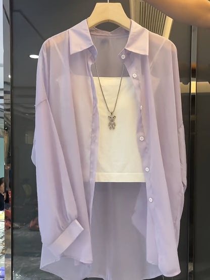 Dam Blusset Tvådelad Skjorta och Bandeau Elegant Lager-på-lager Look